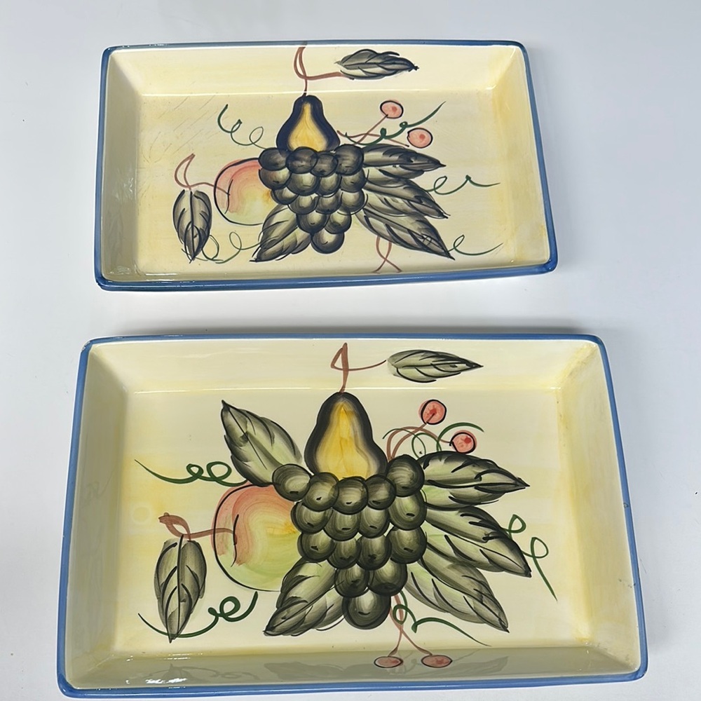 Vintage Hand-Painted Fruit Design Rectangular Plates 2 pieces